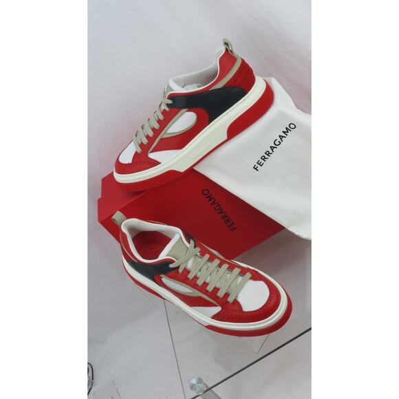 NIB FERRAGAMO CASSINA RED BLACK LEATHER LOGO LACE UP SNEAKERS 12 M ITALY - Picture 2 of 13